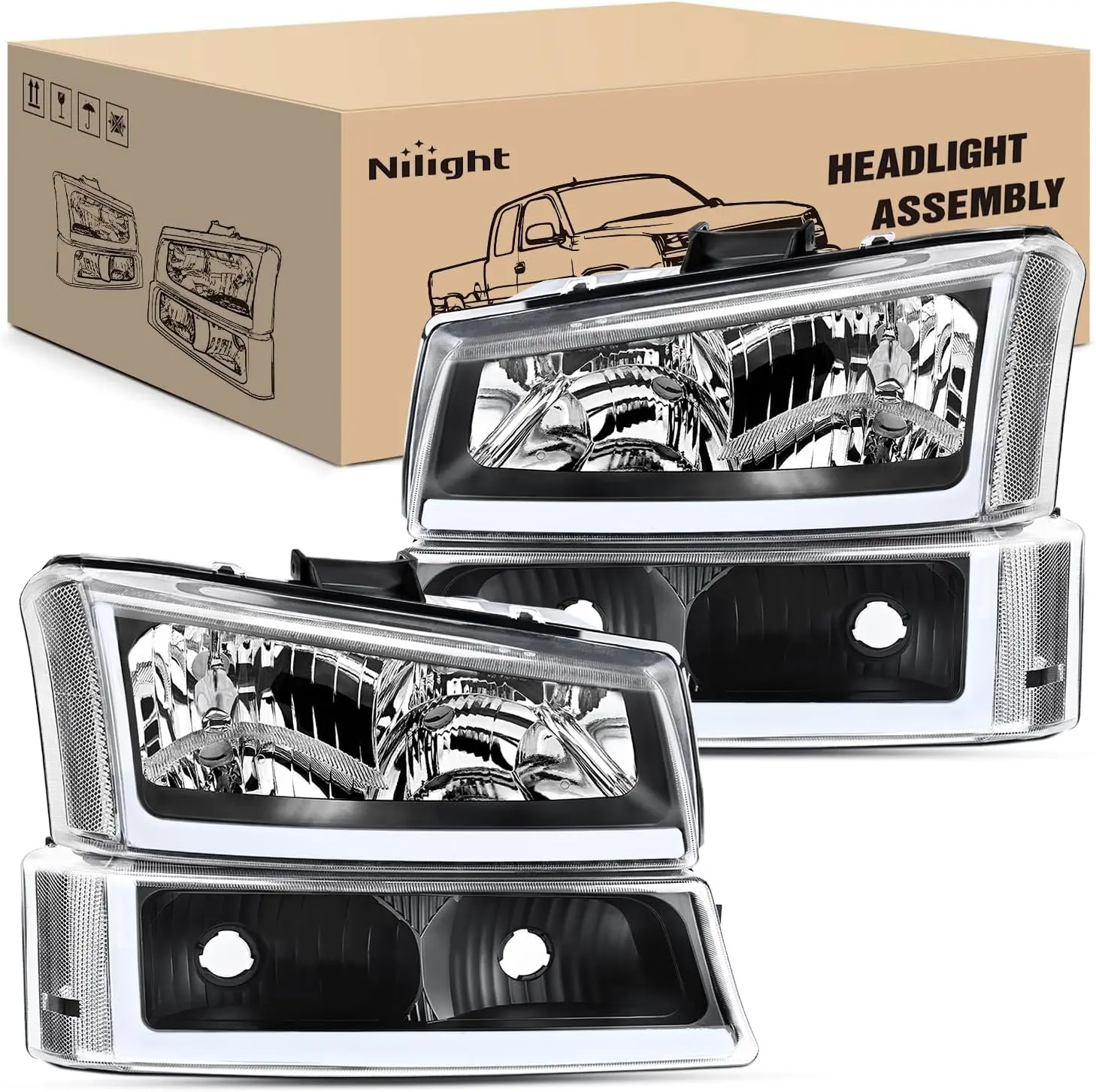 Nilight LED Headlights Assembly with LED DRL & 12V Compatibility, Black Housing for 2003-2006 Chevy Silverado/Avalanche 1500-3500 & 2007 Chevy Silverado Classic, Driver's Side Fit, Easy Install, 2-Year Warranty, Led Lights, Daytime Running Light Headlight
