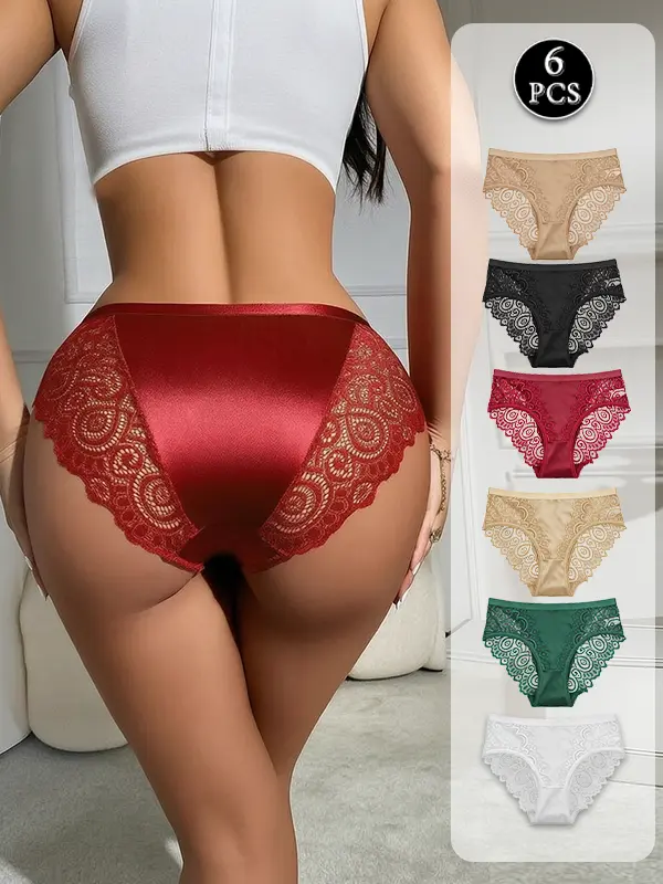Payina Women's Sexy Lace Panties, 6-Pack Glossy Smooth High-Cut Underwear for Women, Full Coverage Cheeky, Lightweight Soft Breathable Daily Wear Panties