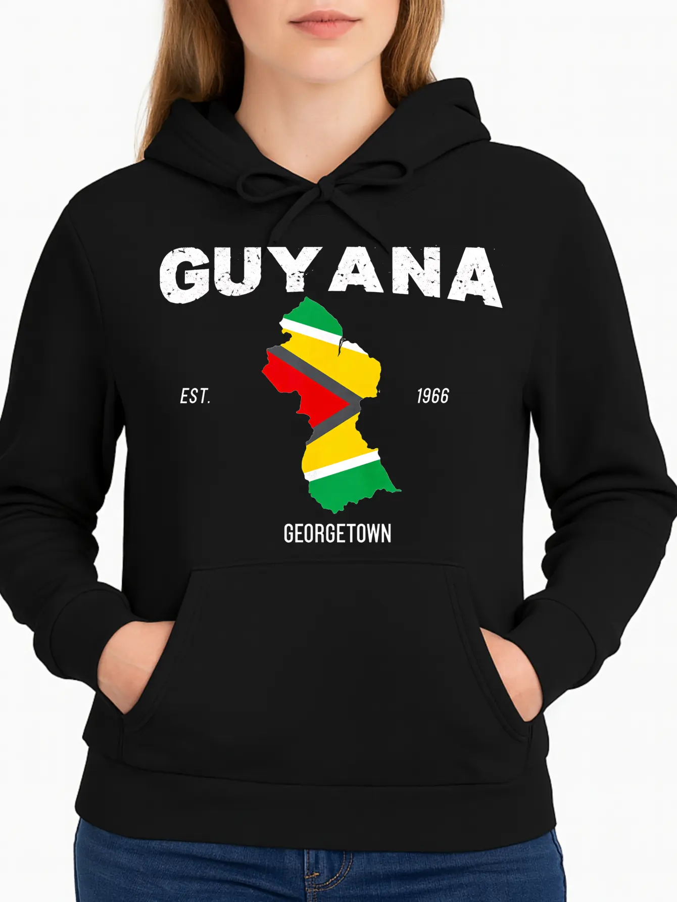 Women's 100% Cotton Pullover Hoodie - Casual Guyana Map Print Sweatshirt, Minimalist Long Sleeve Crew Neck, USA-Made, Breathable Fabric, Regular Fit, Clothes, Outfit Inspiration, Inclusive Sizes, Cold Wash Top for Everyday Wear