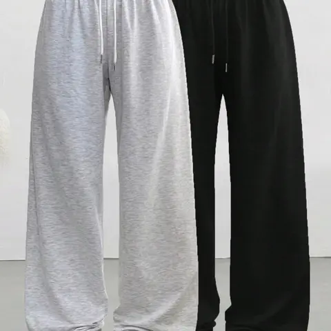 Women's Casual Comfy Baggy Adjustable Drawstring Wide-Leg Loose Fit Knit Pants, 2 Pack Simple Solid Color Loungewear, Comfortable for Spring Summer Fall Everyday Use Trouser Casual Fashion Trousers