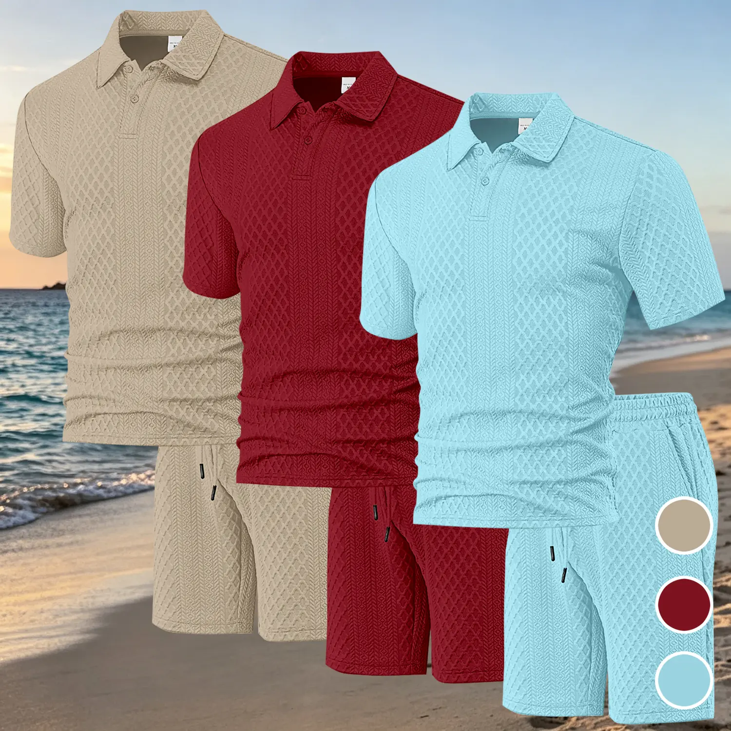 Men's 2-Piece Matching Polo & Shorts Set -Upgraded Anti-Snag Textured Jacquard Knit, Stretch Short-Sleeve, Breathable Fabric for Vacation, Work & Daily Wear
