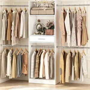 8FT Closet System, 96 Inch Walk-in Closets Organizer Kit with 4 Extendable Hanging Rods and Drawer, Protable Wardrobe Closet Storage Organizer with Adjustable Wood Garment Rack