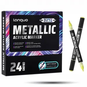 Languo Dual-Head Metallic Acrylic Marker Set, Drawing Pens with Brush Tip & Fine Tip, Ideal for Adults, Artists, DIY Art, Textiles, Rocks, Wood, Plastic, Glass, Metal, Eggshell Painting, Vibrant Creative Design Craft, Waterproof Brush Marker