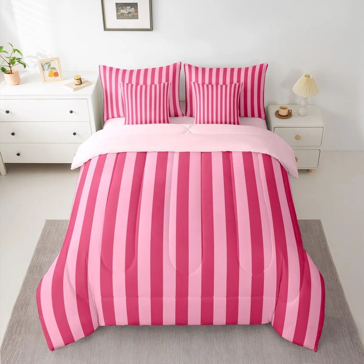 Rose Pink Red 7 Piece Bedding Set Abstract Stripes Comforter Set with Sheets Geometric Bed in a Bag with Comforter,Sheets,Pillowcases & Cushion Cover Bedroom Decor Modern