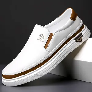 Men's Stylish Slip-On Loafers - Soft Upper, Non-Slip Rubber Sole, White with Brown & Golden Accents, Comfortable for Everyday Casual Wear, Vacation Shoes| Decorative Stitching| Synthetic Shoes, Dressy Shoes777777