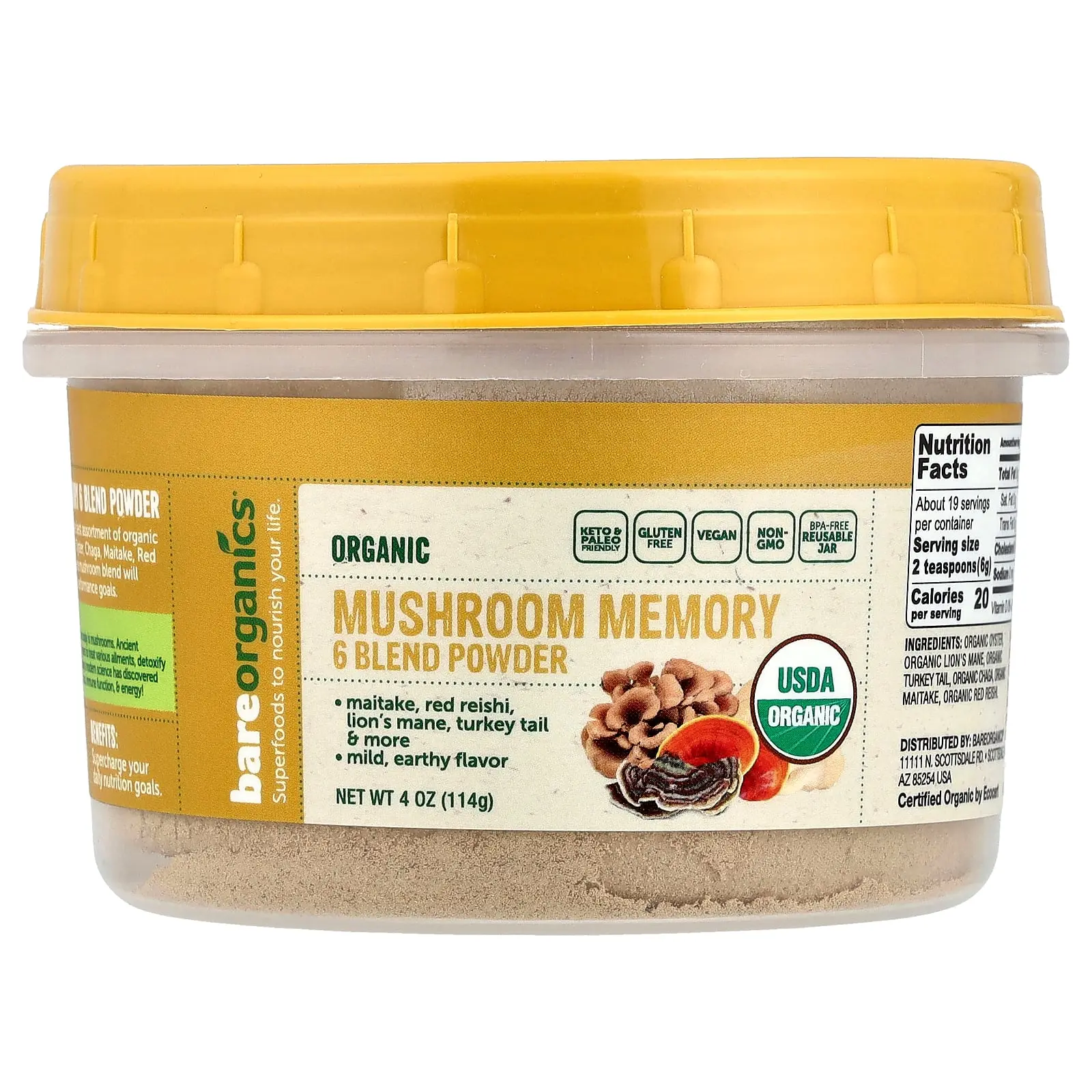 BareOrganics Organic Mushroom Memory 6 Blend Powder, 4 oz (114 g)