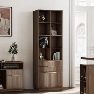 Bookshelf, Tall Bookcase with Doors and Two Drawers, Fluted 4-Tier Storage Shelving Unit, 73" Wooden Book Shelf for Living Room, Home Office, Black Walnut