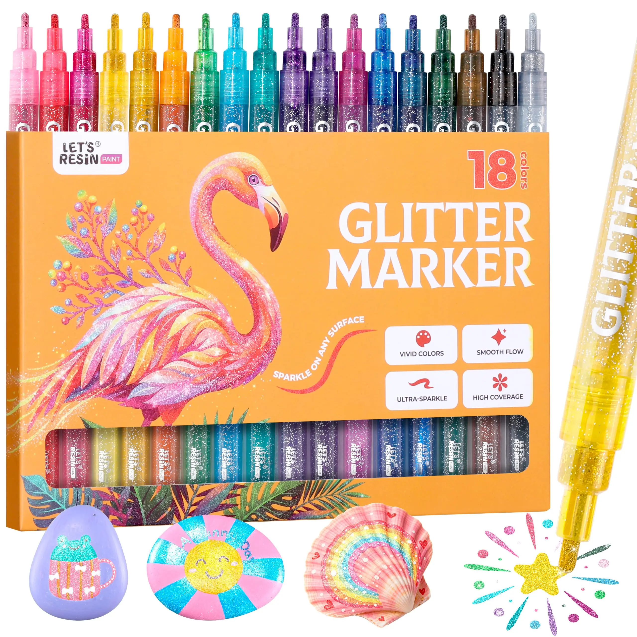 Let's Resin Glitter Markers, 18 Metallic Colors Acrylic Paint Shimmer Markers, 2mm Medium Tip, Water-Based Non-Toxic Ink Glitter Paint Pens for Adults Rock Painting, Fabric, Cards, Journaling & DIY Crafts