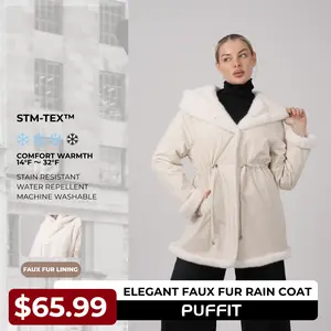 PUFFIT STM-TEX Faux Fur Lining Mid Length Rain Coat,Adjustable Waist Design,Oversized Eco-Friendly Fleece Hood,Offering Warmth, Comfort, And An Elegant, Premium Feel,Beauty And Warmth For Both Style