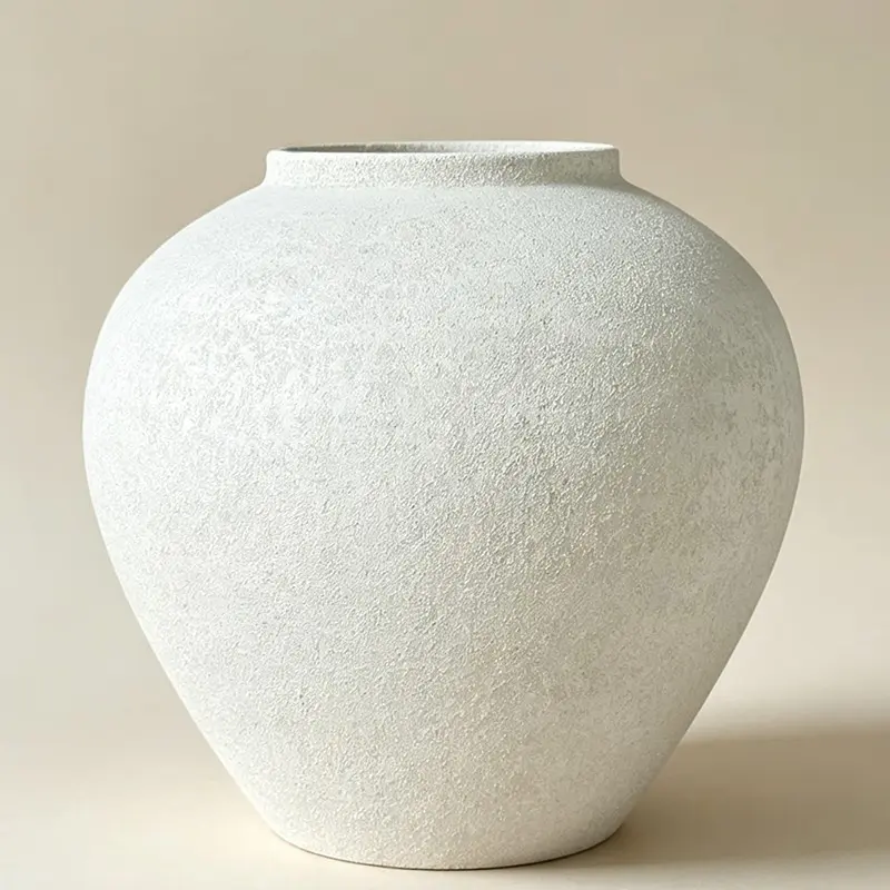 11 Inch Wide Textured Stone Look Metal Decorative Vase Large White Rustic Farmhouse Garden Vase for Table Centerpiece Home Decor