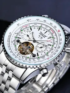 Luxury Business Men's Automatic Tourbillon Mechanical Watch, Hollow Out Transparent Movement, Multi-Function Calendar, Waterproof Night Light, Stainless Steel Watches