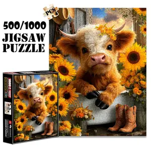1pc 1000 piece adult puzzle 70x50cm Cute Calf with Flower Crown Surrounded by Sunflowers and Cowboy Boots 500 pieces paper jigsaw puzzle suitable for DIY creative games for adults and families, birt