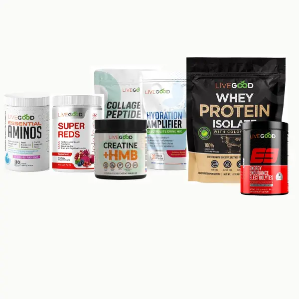 LIVEGOOD 7-in-1 Gluten-Free Dairy-Free Fitness Nutrition Supplement Stack - Lean Protein Powder, Creatine-HMB, Collagen, Aminos, Super Reds, Electrolytes, Watermelon - Gym Muscle Growth Support