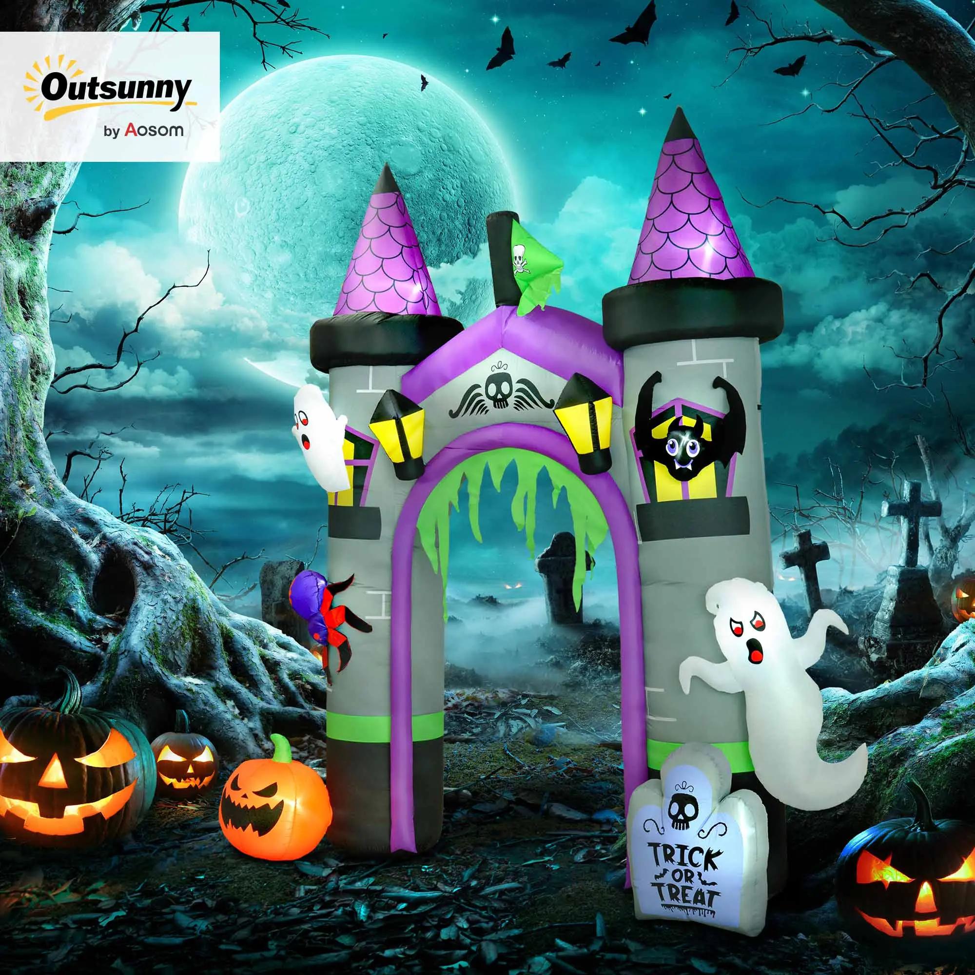 Outsunny 12ft LargeHalloween Inflatable Archway, Blow up Castle with Ghost, Pumpkin, Spider, Outdoor LED Yard Display, Waterproof