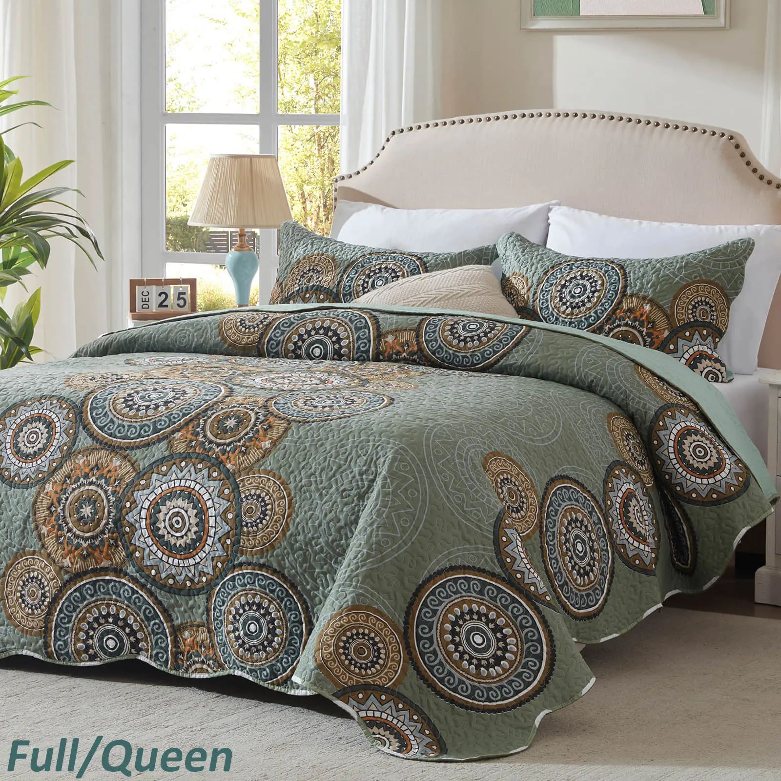 3-Piece Wrinkle Resistant Fading Resistant Casual Woven Mandala Print Quilt Set - Full, Queen, King Sizes with 2 Pillow Shams - Oversized Green, Orange, Gray All-Season Bedding Set for Bedroom Decor