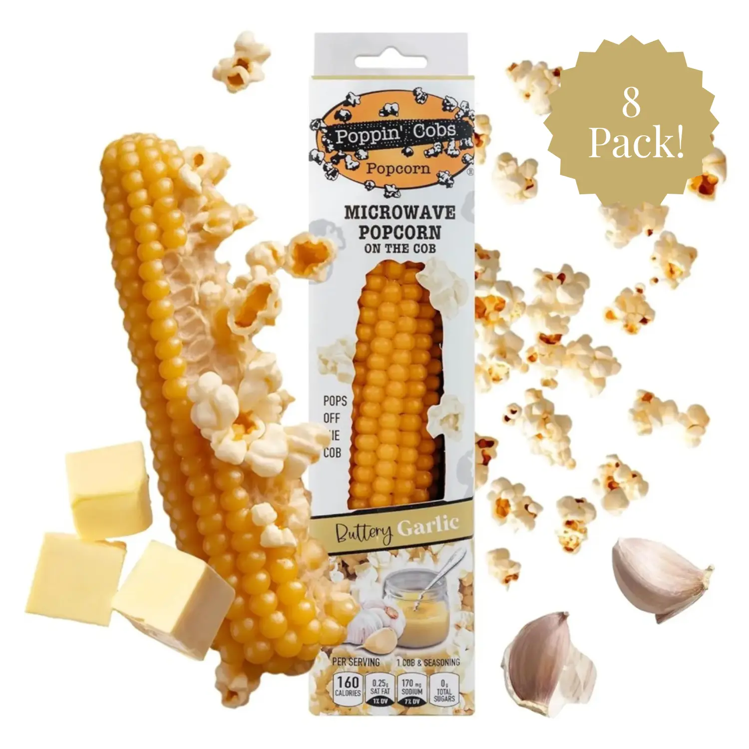 Poppin’ Cobs 8 Pack Buttery Garlic Microwave Popcorn - Healthy Crunchy Snack that Pops right off the cob! (Pack of 8) Crispy Protein