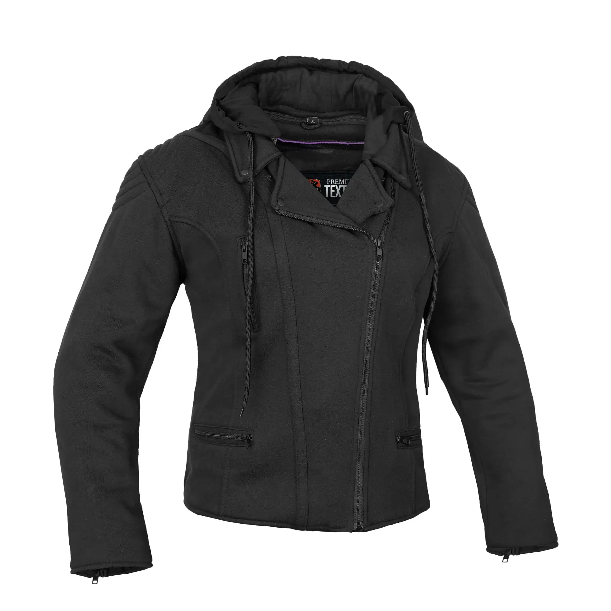 DANIEL SMART Shadowflux™ Women's Soft Shell Motorcycle Jacket - Fitted Biker Style Coat with Removable Hoodie, Armor Pockets, All-Season Tops, Coats