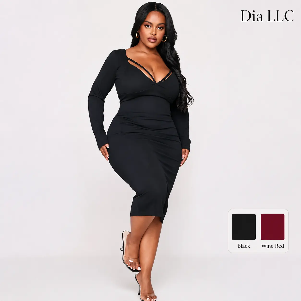 Dia LLC Plus Size Bodycon Midi Dress for Women, Long Sleeve V Neck Going Out Party Dress, Stretchy Black & Wine Red