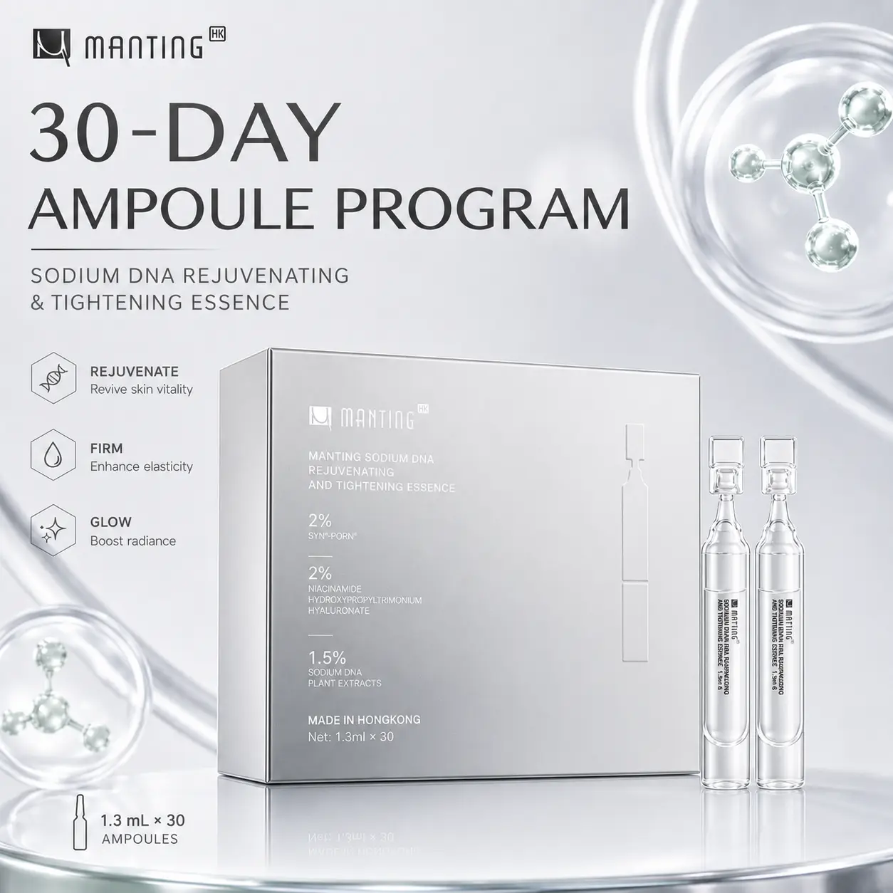 【Deals For you Days】MANTING Sodium DNA Rejuvenating & Tightening Essence, 30-Day Ampoule Serum Program, 2% SPH-PDRN Formula for Hydrated, Smoother-Looking, Firmer-Looking & Glow-Ready Skin, 1.3ml x 30