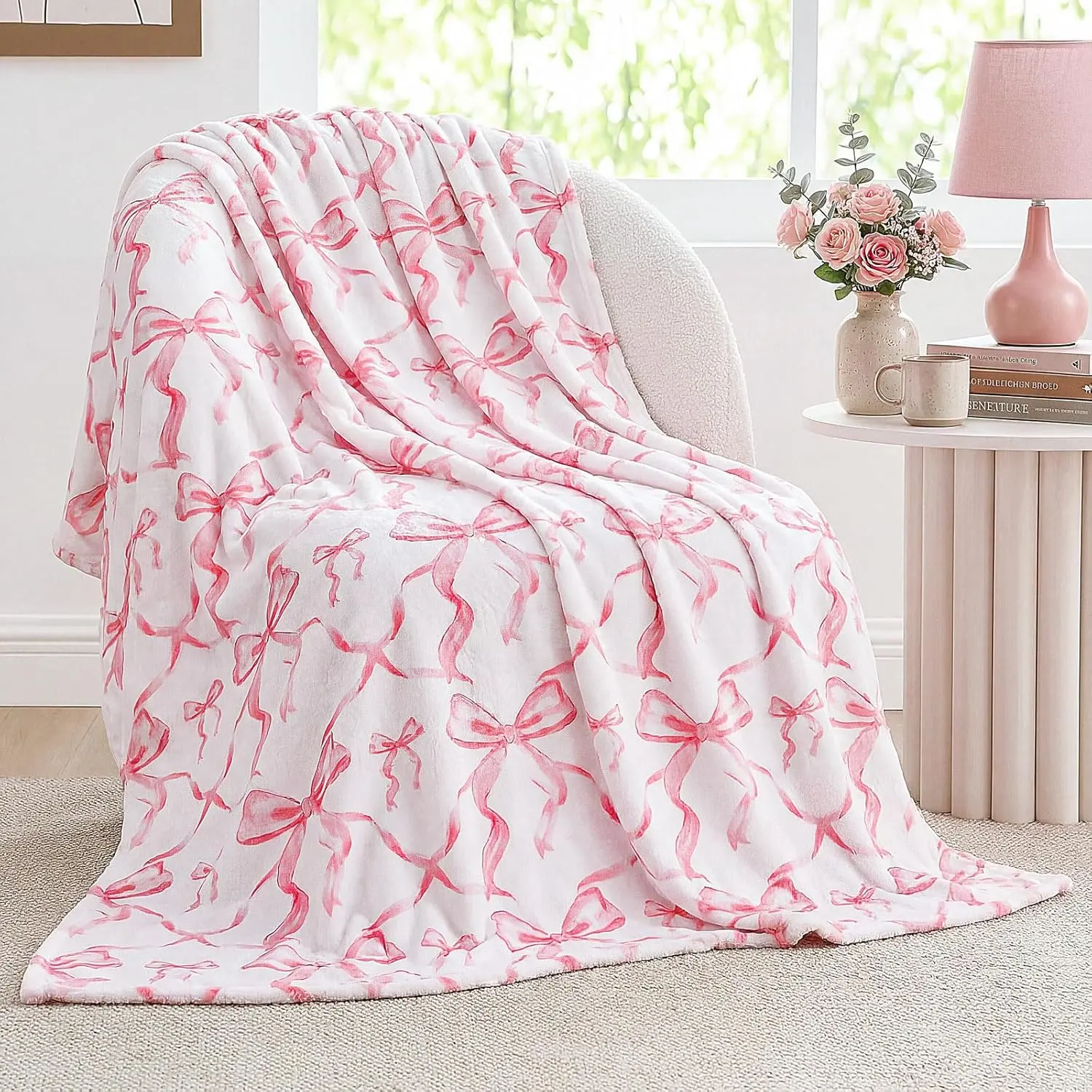 Buryeah Pink Bow ,Flannel Blanket, Lightweight Soft Throw Blanket for Bedroom, Sofa Blanket, Car Blanket, Camping Blanket Travel Blanket Naps Blanket For Daily Use. Ideal Gift for Valentine's Day, Birthday, Holiday, Wedding & student dormitory use