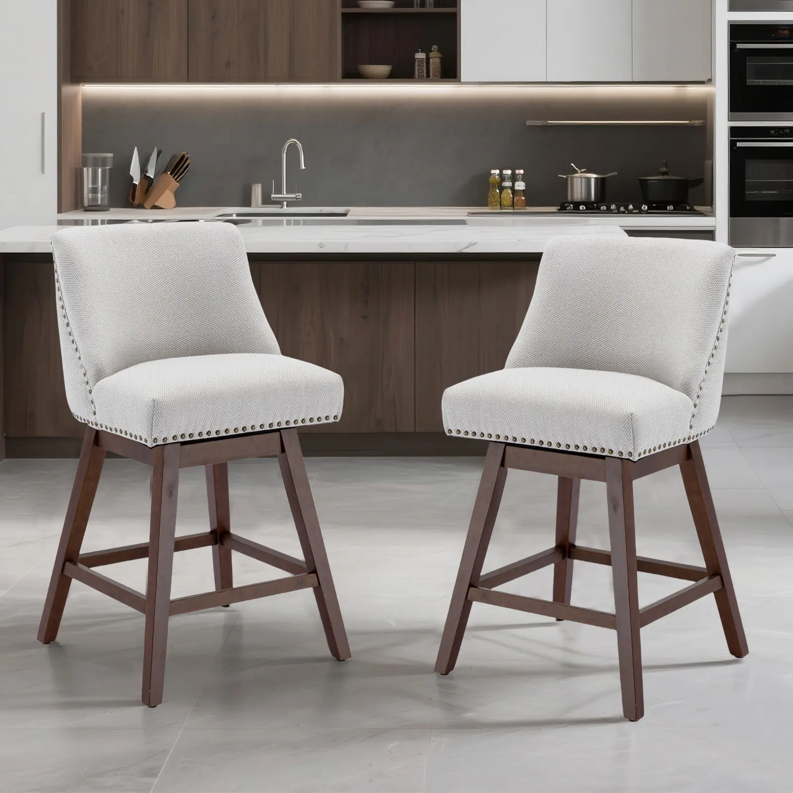 SoarFlash Kitchen Swivel Bar Stools with Solid Wood Legs Upholstered Linen Counter Stools Set Dining Room Chairs 360° Swivel Comfortable Velvet Upholstery