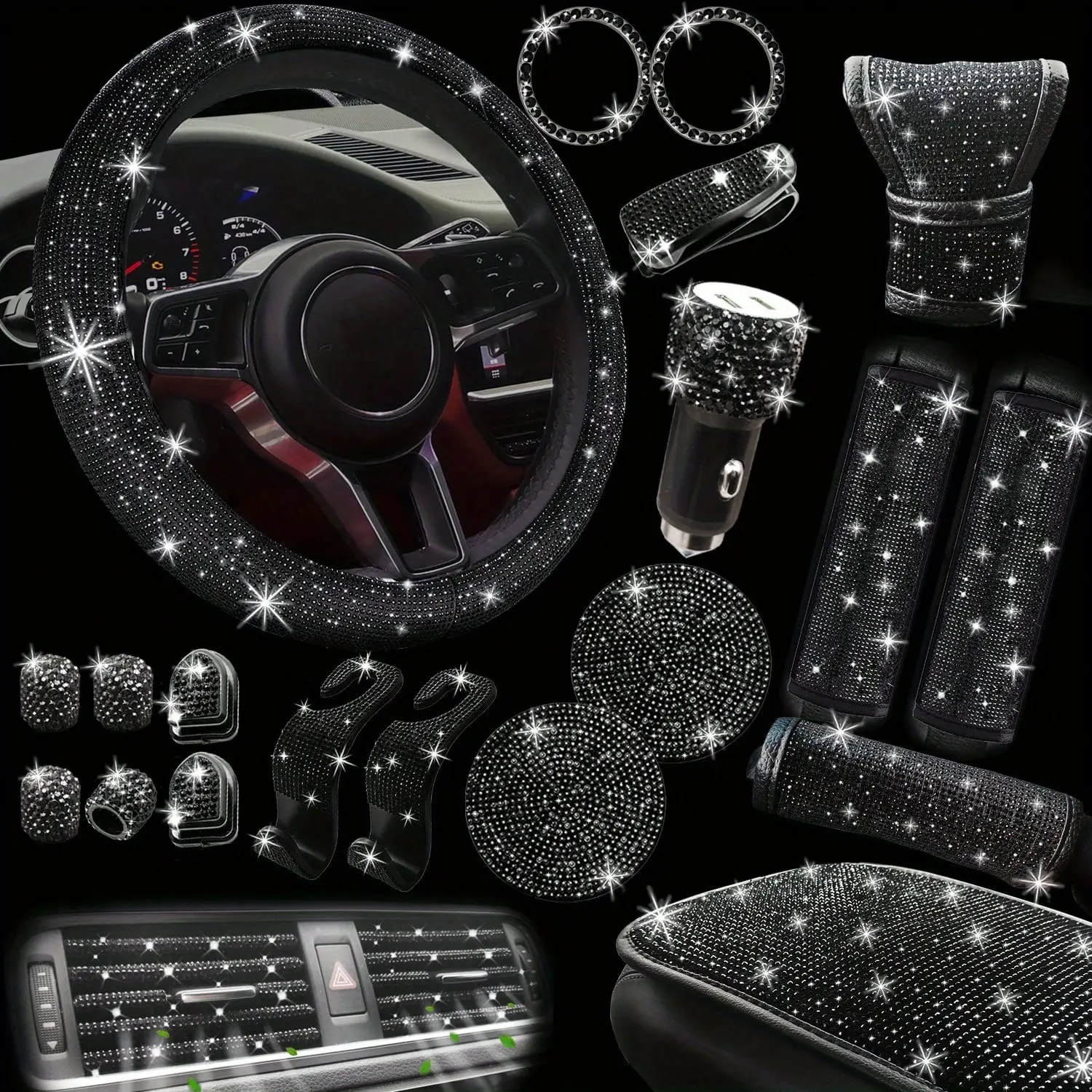 YASEENLIN Women's Girly Car Interior Kit - 30pcs Black Rhinestone Sparkling Accessories, Steering Wheel Cover, Coasters, Seat Belt Pads, Stickers, Gear Shift Cover, Dashboard Upgrade for Cars, Cars Accessories