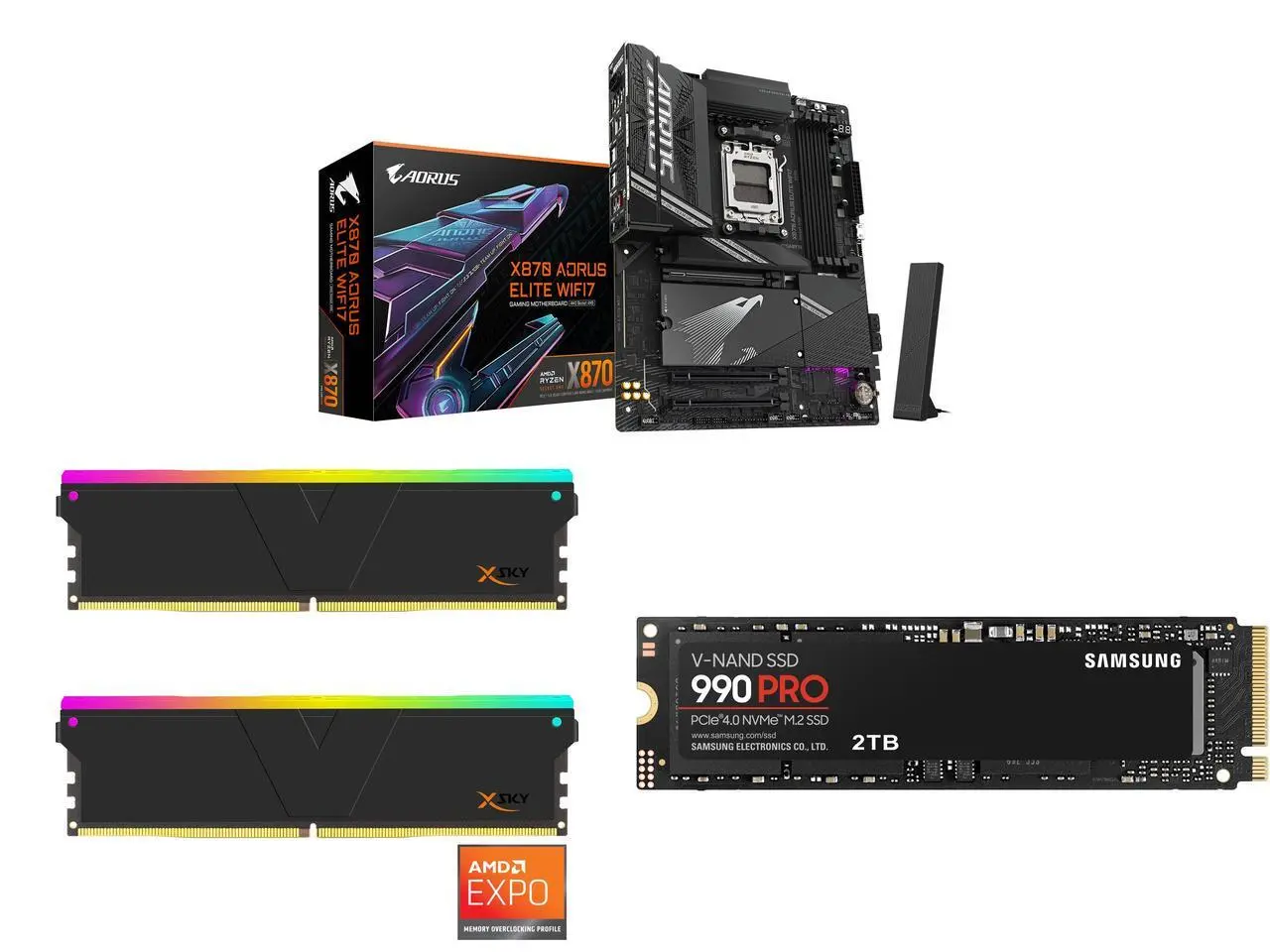GIGABYTE X870 AORUS ELITE WIFI7 AM5, ATX, DDR5, 4x M.2, PCIe 5.0, USB4, Wi-Fi 7, 2.5GbE LAN, EZ-Latch, 5-Year Warranty V-COLOR Manta XSky DDR5 32GB (2x16GB) 6000MHz CL30 RGB SAMSUNG 990 PRO 2TB SSD, PCIe Gen4 M.2 2280, 7,450MB/s