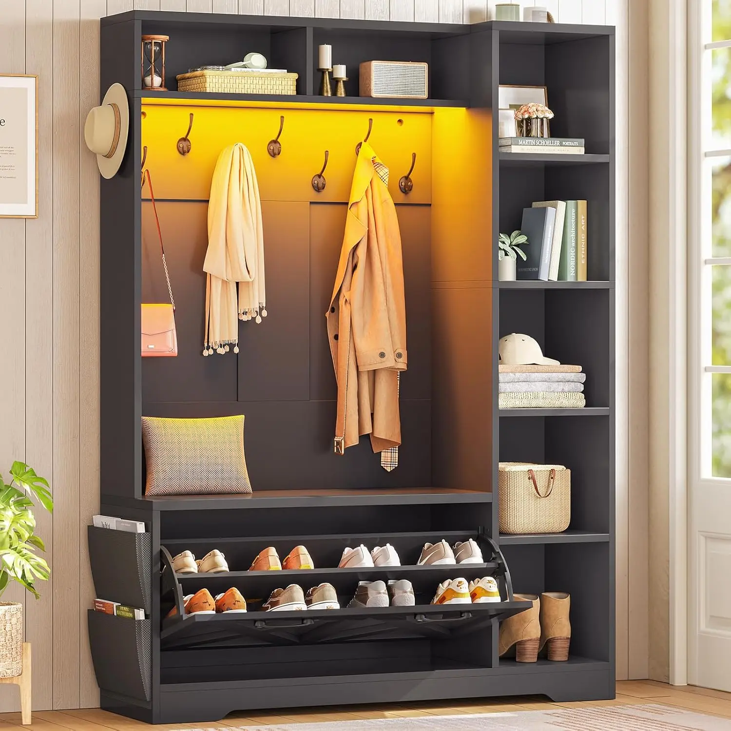 Itaar Hall Tree with Bench and Shoe Storage, Farmhouse Entryway Bench with Coat Rack, Shoe Cabinet with Flip Drawers, 7 Shelves, 10 Coat Hooks, Storage Bag, Led Lights