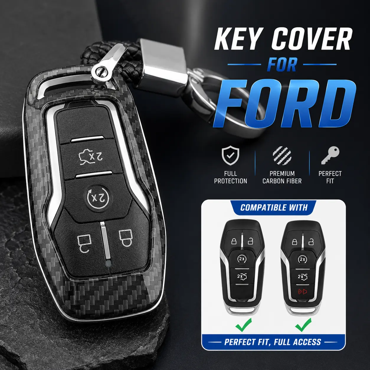 ABS Smart keyless Entry Remote Key Fob shell Carbon Fibre Car Key cover For Ford F150 Mondeo Mustang Edge Fusion Lincoln MKC MKZ MKX(Shell With Keychian), Key Fob Replacement