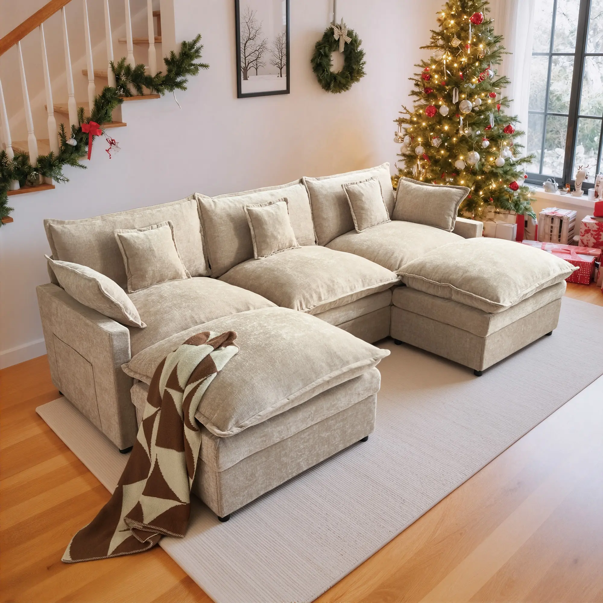 【DealsforYouDays】 CAODOC 108" U- Shaped Modular Sectional Sofa - Comfy Cloud 3-Seater with 2 Movable Ottoman, Deep Seat Chenille Couch for Living Room, Beige Color,Comfort &  Stylish Design
