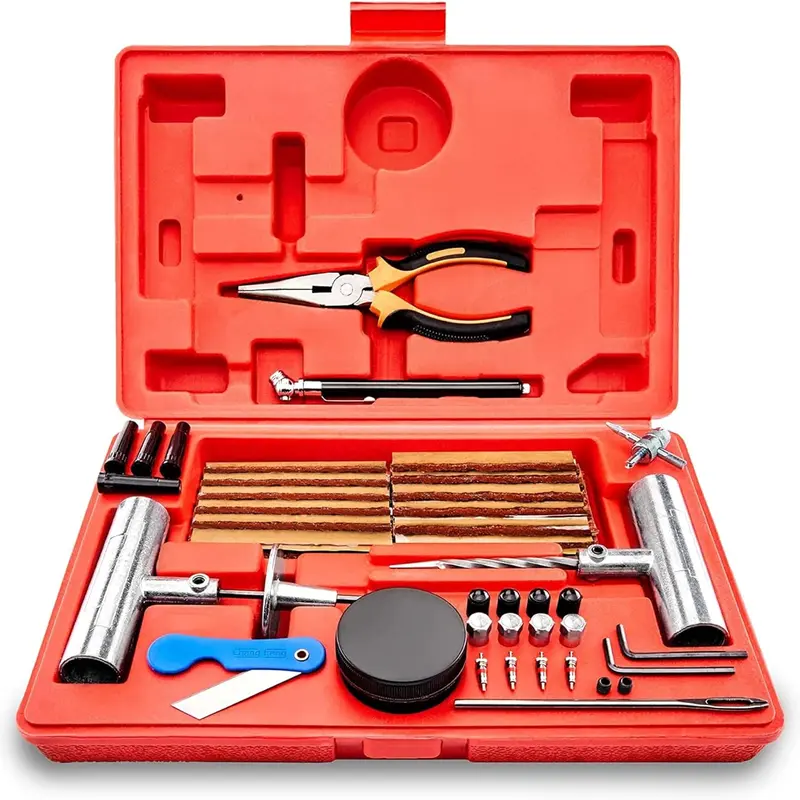 77-Piece Heavy Duty Automotive Tire Repair Kit - Universal Fit for Cars, Trucks, Motorcycles, Jeeps, Off-Road Vehicles, Durable Steel Tools, Tire Plugs, Tubeless Solution, Portable & Roadside Ready Case