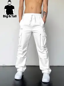 Men's Plus Size Work Pants, Multi-Pocket Casual Slim Fit Side Pockets Long Pants, Trendy All Season Utility Pants