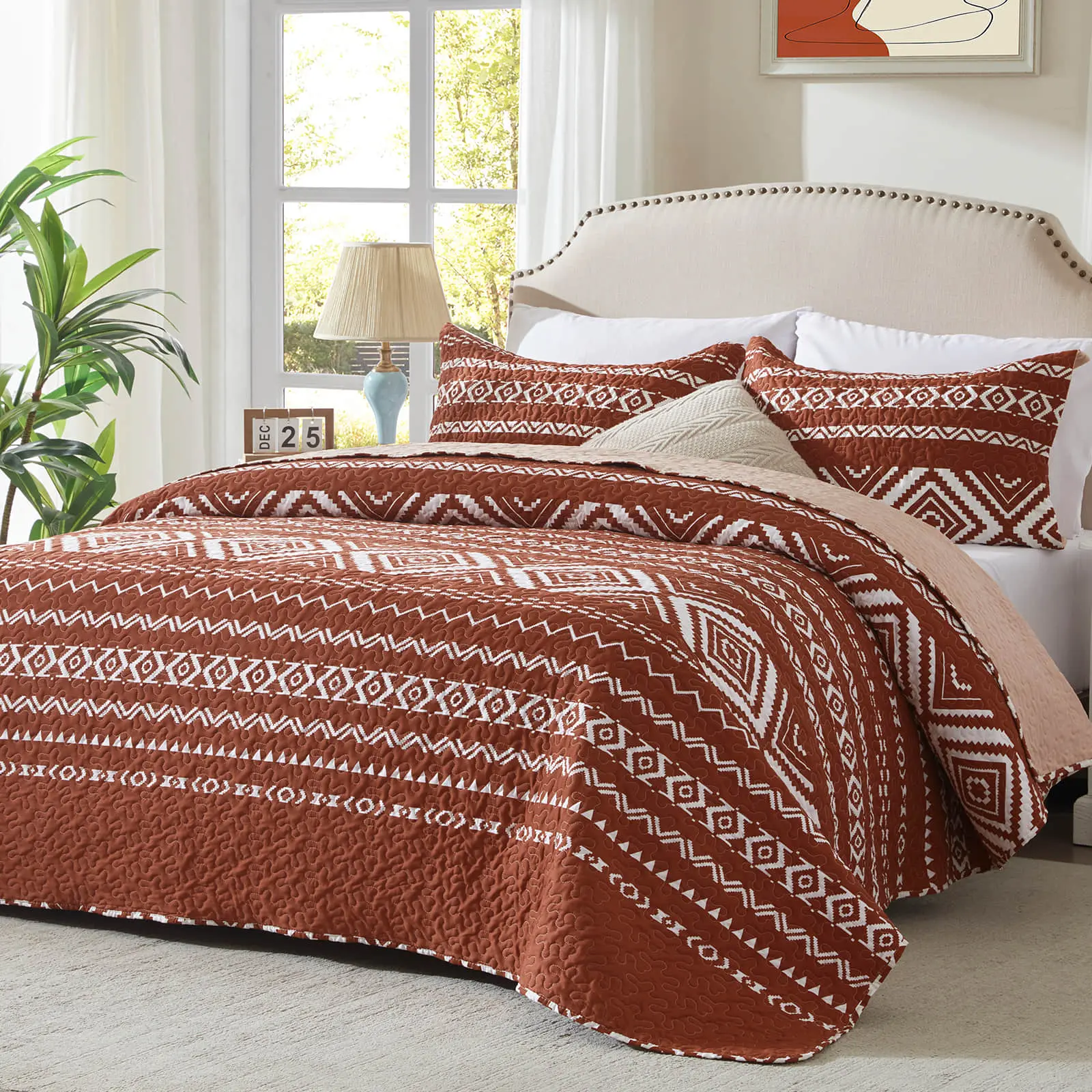 Casual 3-Piece Quilted Bedspread Set - Full, Queen, King Multi-Size Sets with 2 Pillow Shams, Checkered Pattern Coverlet for Bedroom Decor, Modern Home Decor, Floor-Hang Fit (Orange, Green)