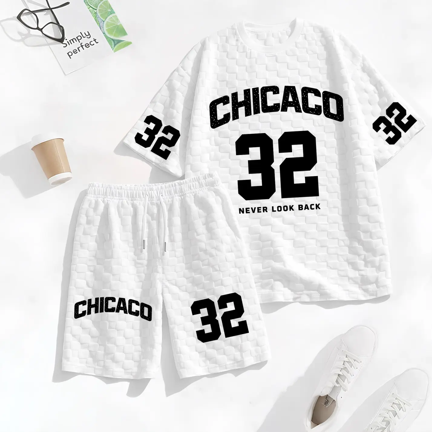 Men's Spring And Summer Chicago 32 Print With Red And Black Line Checkered Fabric Drawstring Shorts Set, Casual Summer Outfit With Short-Sleeved Shirt And Shorts, Ideal For Everyday Wear And Sports Activities