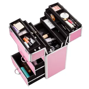 4 Tier Lockable Cosmetic Makeup Train Case with Extendable Trays Pink