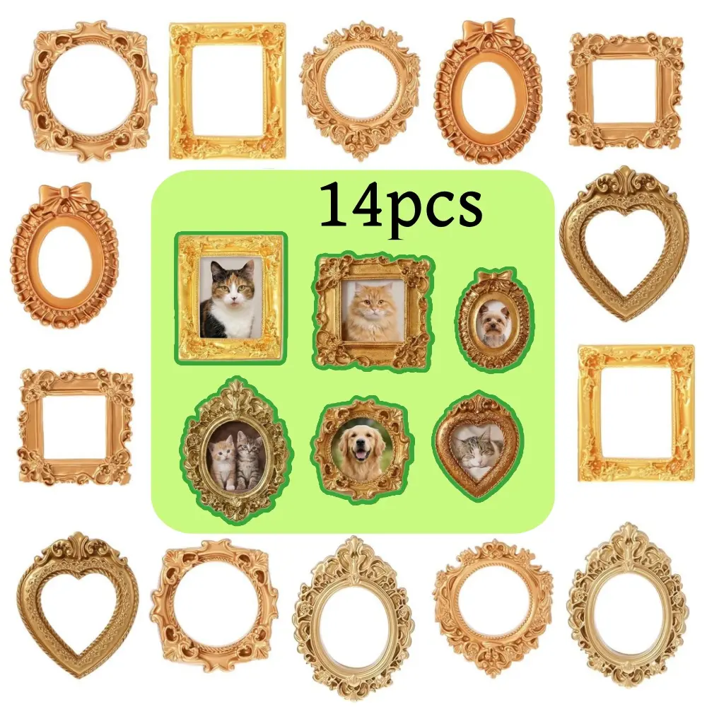 14 piece Mini Gold Vintage Frames Resin Picture Frame Antique Photo Frame Ornaments for Dollhouse DIY Crafts Jewelry Photography Photo Decor