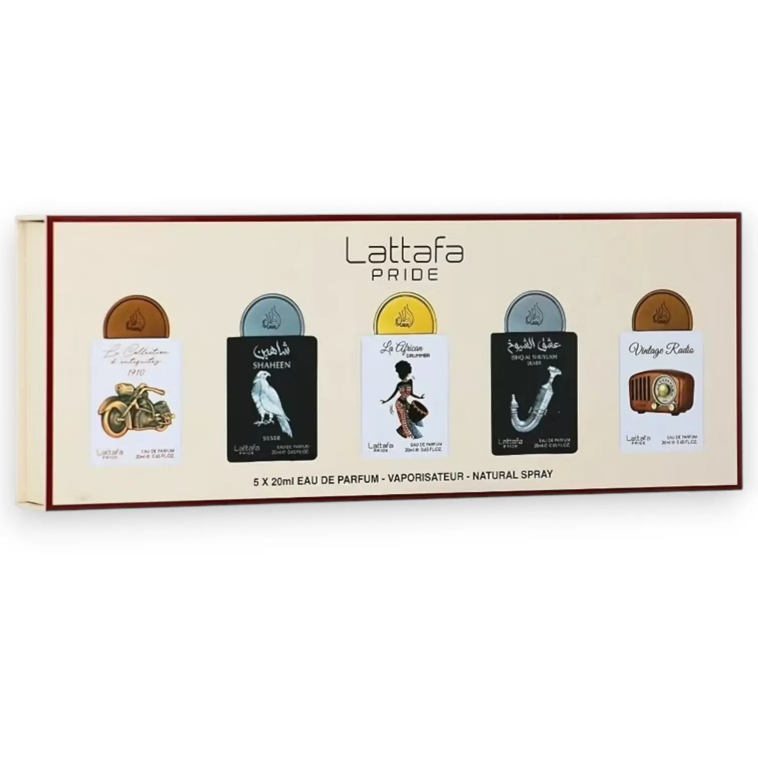 Lattafa Perfumes | Pride Mini Collection No.5 | Shaheen Silver + La Collection D'Antiquites 1910 + Vintage Radio + Ishq Al Shuyukh Silver + La African Drummer | EDP | 20 ML | Lavender - Plum & Sandalwood Notes, Mini Toiletries For Purse, Purse Stuffe