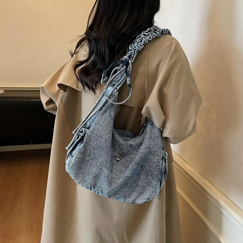 Large Capacity Denim Shoulder Bag with Drawstring Detail, Lightweight Slouchy Everyday Bag for Work, School & Travel Blue Bags Carry All Crossbody