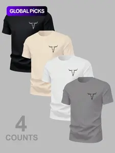 Men's Versatile Cow Head Animal Print T-Shirt 4 Pack, Summer Casual Comfortable Round Neck Short Sleeve Top for Outdoor Wear
