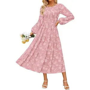 ZESICA Women's Fall Boho Floral Midi Dress 2025 Casual Long Sleeve Crewneck Flowy Wedding Guest Long Dresses