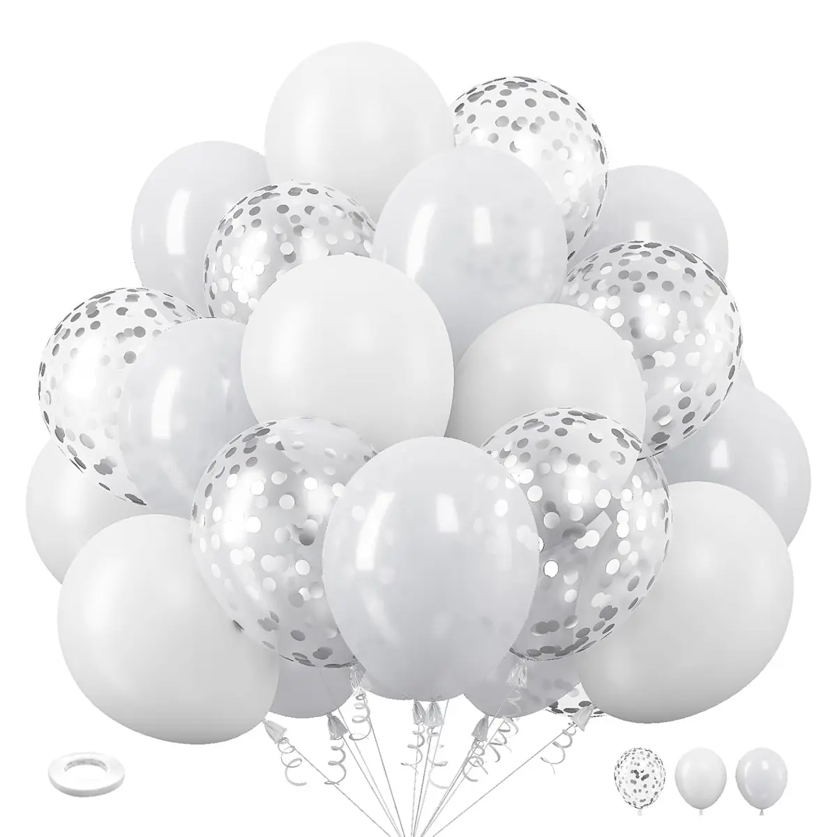 12inch Pearlescent White Balloons Set, Balloon Decorations Kit, 50pcs Pearl White Balloons Silver Confetti Balloons with Ribbon, Great for Wedding Anniversary Bridal Engagement Birthday Baby Shower Baptism Graduation New Year-Latex Balloons