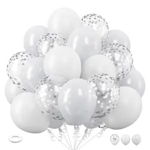12inch Pearlescent White Balloons Set, 35/50pcs White Pearl White Balloons Silver Confetti Balloons with Ribbon, Great for Wedding Anniversary Bridal Engagement Birthday Baby Shower Baptism Graduation New Year-Premium Latex Balloons
