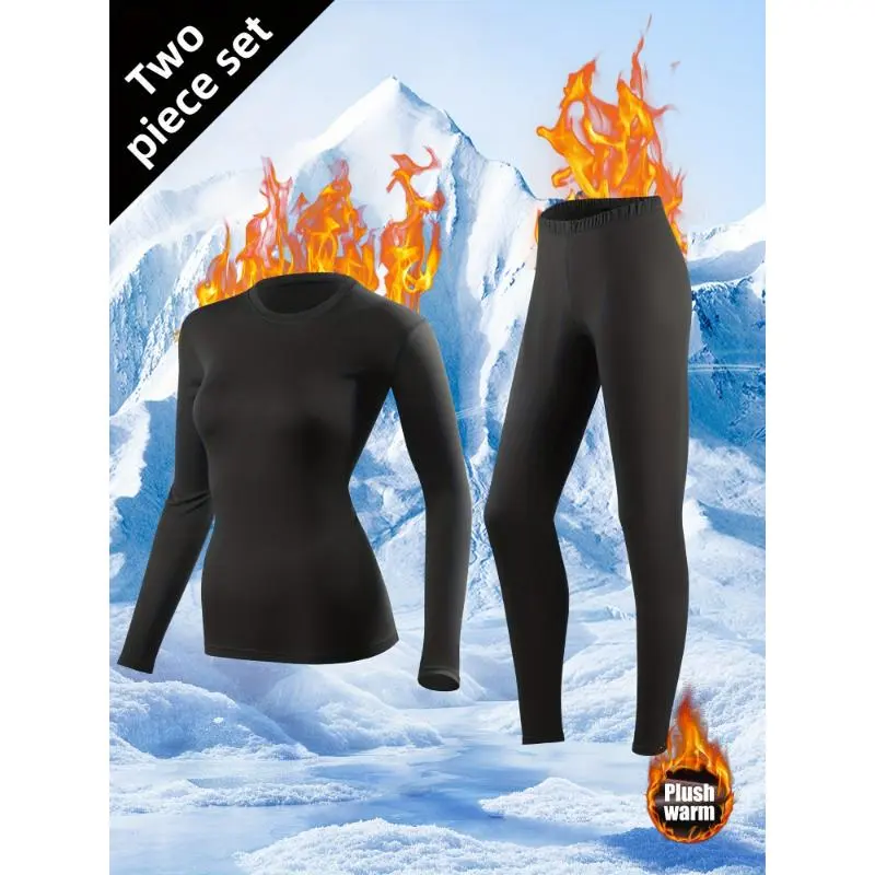 Women's 2pcs Plush Lined Thermal Underwear Set - Lady's Basic Athletic Sportswear, 90% Polyester 10% Elastane Medium Stretch Knit Solid Color Crewneck Long Sleeve Top & Pants, Winter Ski Base Layer