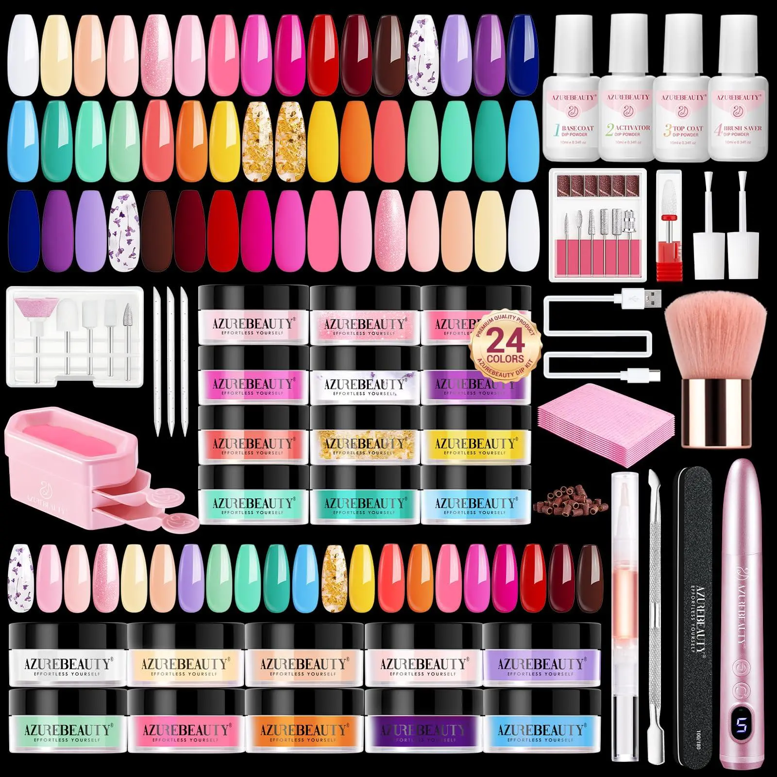 AzureBeauty Dip Powder Nail Kit with Electric Nail Drill Summer Green Pink Orange Nail Starter Kit with Dip Liquids Base Top Coat Activator Portable Manicure French Nail Art Essential Set