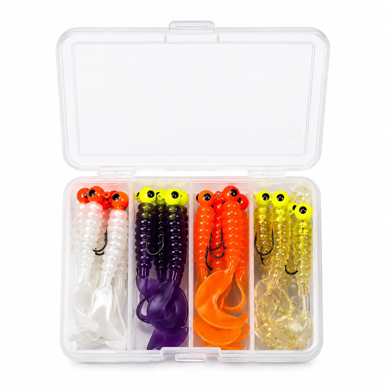 16Pcs Curly Tail Jig Head Soft Fishing Lures with Tackle Box, 4 Color Grub Swimbait Kit for Bass, Crappie, Trout, Freshwater Fishing