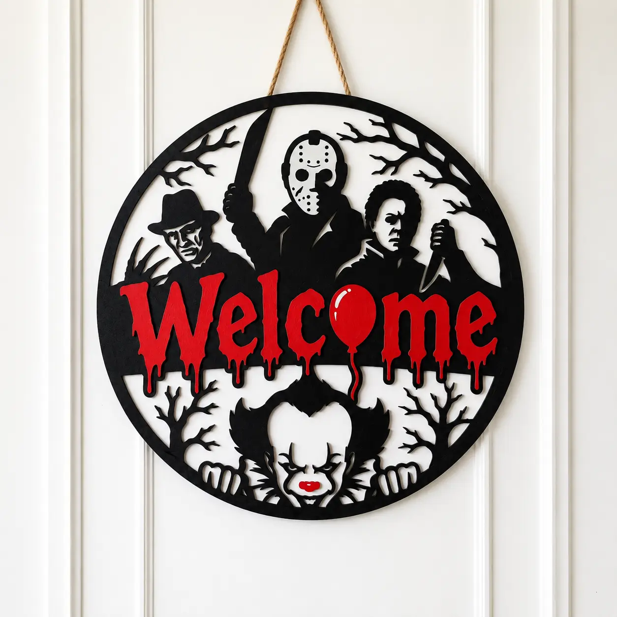 Welcome Horror Door Sign, Halloween Welcome Door Hanger, Horror Movie Decor, Spooky Front Door Sign, Halloween Wooden Door Hanger, Horror Fan Gift Idea