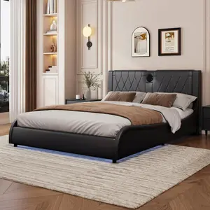 King Size Luxurious Faux Leather Upholstered Platform Bed with Thickened Headboard, Bluetooth Speakers and RGB LED Light, No Box Spring Needed, Black-N701P241048B