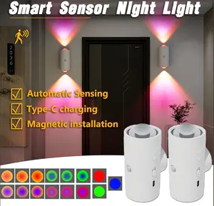 Smart LED Night Light with Motion Sensor - RGB Gradient Dimmable Wall Lamp for Halloween Decor! USB Rechargeable Indoor Ambient Lighting, Magnetic Step Lamp Operated for Entryway, Bedside, Desk, Hallway Stairs Bedroom for Christmas Halloween Decorations