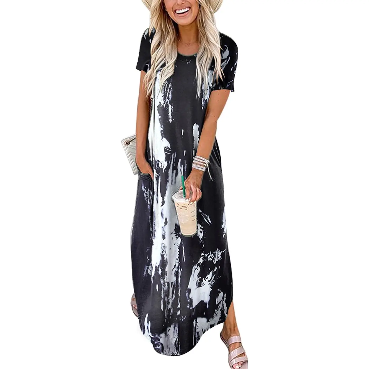 ANRABESS Women's Casual Loose  Sleeve Long Dress Split Maxi Summer Beach Dress with Pockets
