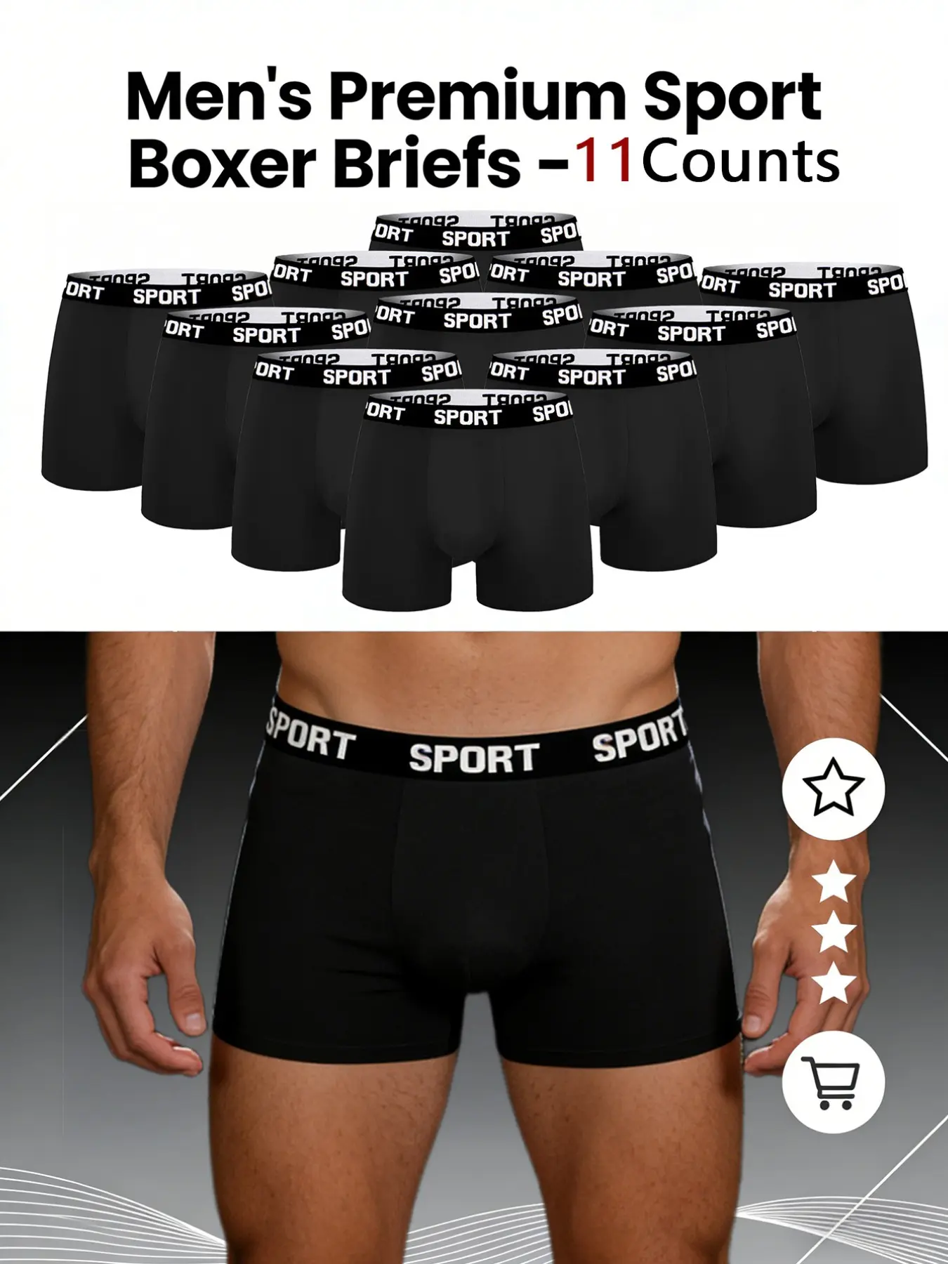 11pcs men's slim fit Long style flat cornered underwear, Stretchy boxer briefs, Soft Comfy Brief, breathable, lightweight, elastic waistband, suitable for Four Seasons sports and daily casual wear